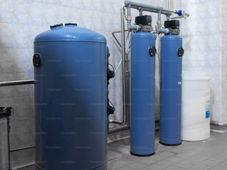 Commercial water heater system with treatment tanks and connected piping in a mechanical room